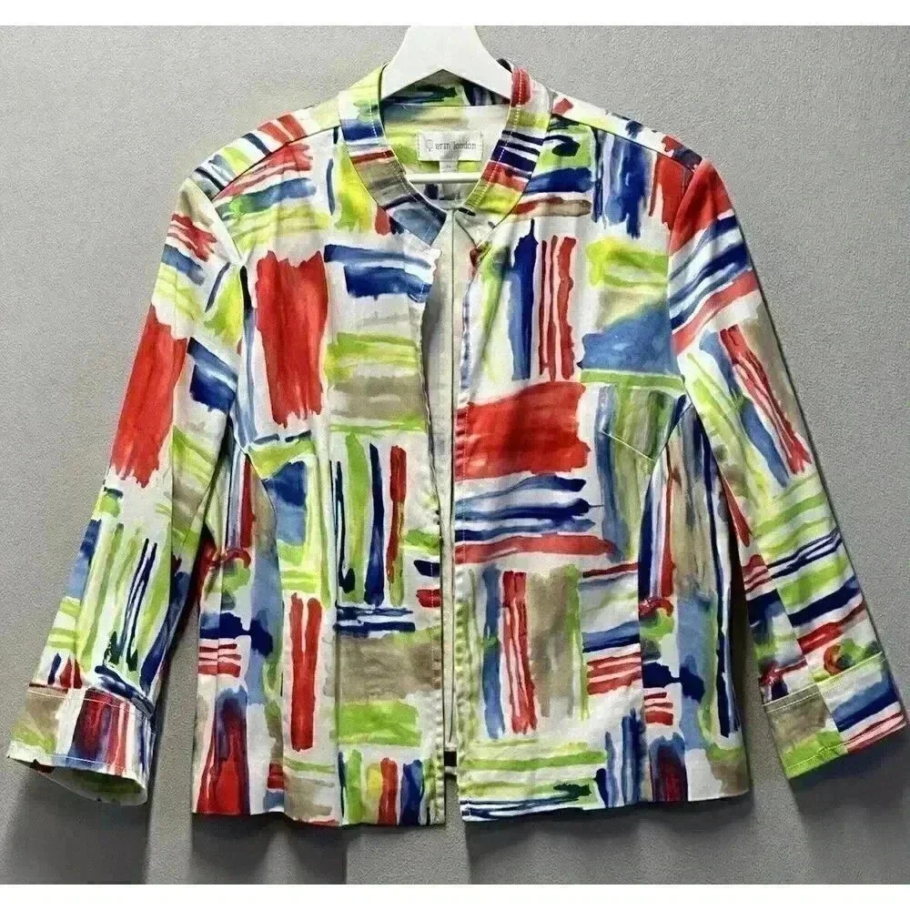 Vintage ERIN LONDON Women's Sz XL Rainbow Water Color Open Front Cardigan Jacket
